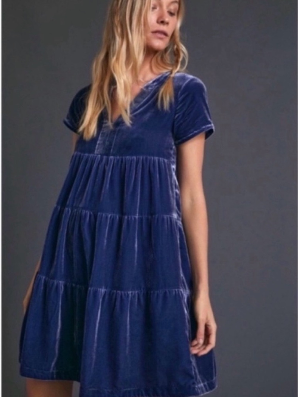 Anthropologie Maeve Blue Velvet Tiered Babydoll Swing Dress